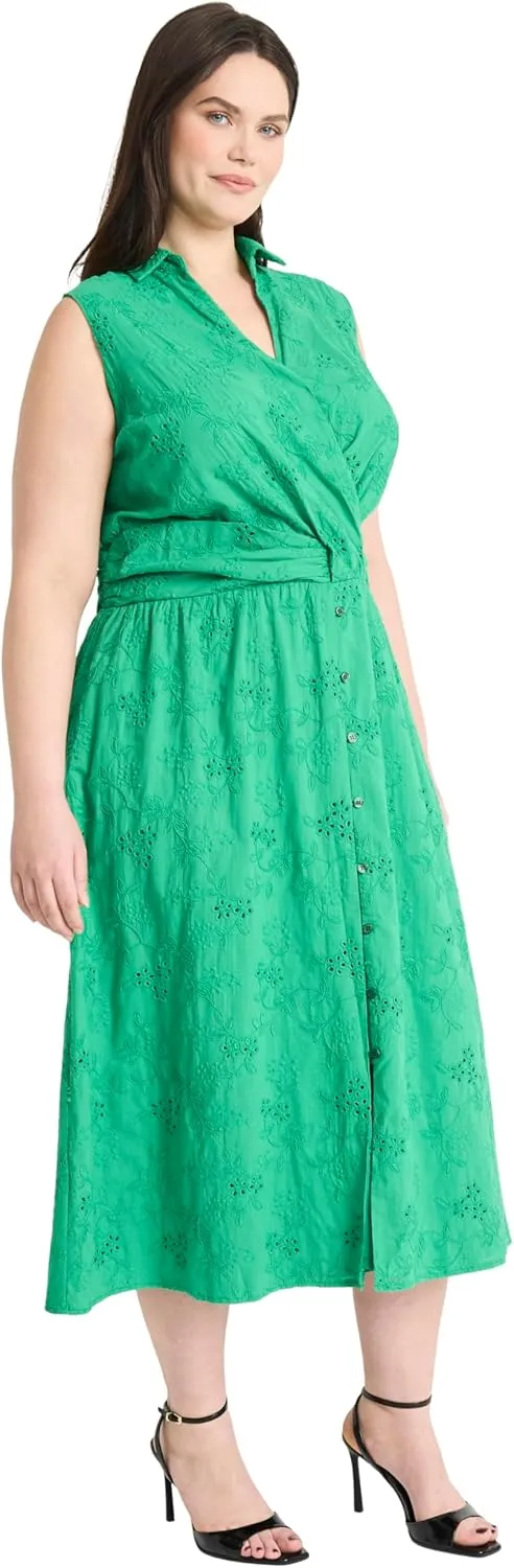 Maggy London Women's Sleeveless Eyelet Midi Wrap Bodice and Collared V-Neck-Embroidered Voile Summer Wedding Guest Dress