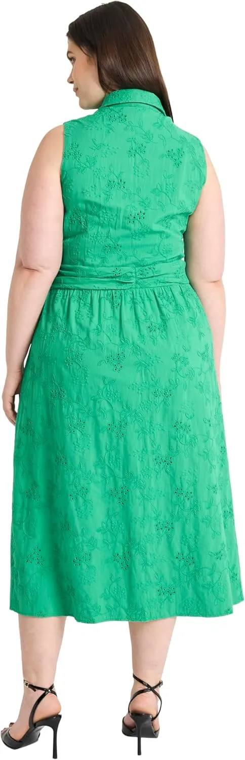Maggy London Women's Sleeveless Eyelet Midi Wrap Bodice and Collared V-Neck-Embroidered Voile Summer Wedding Guest Dress