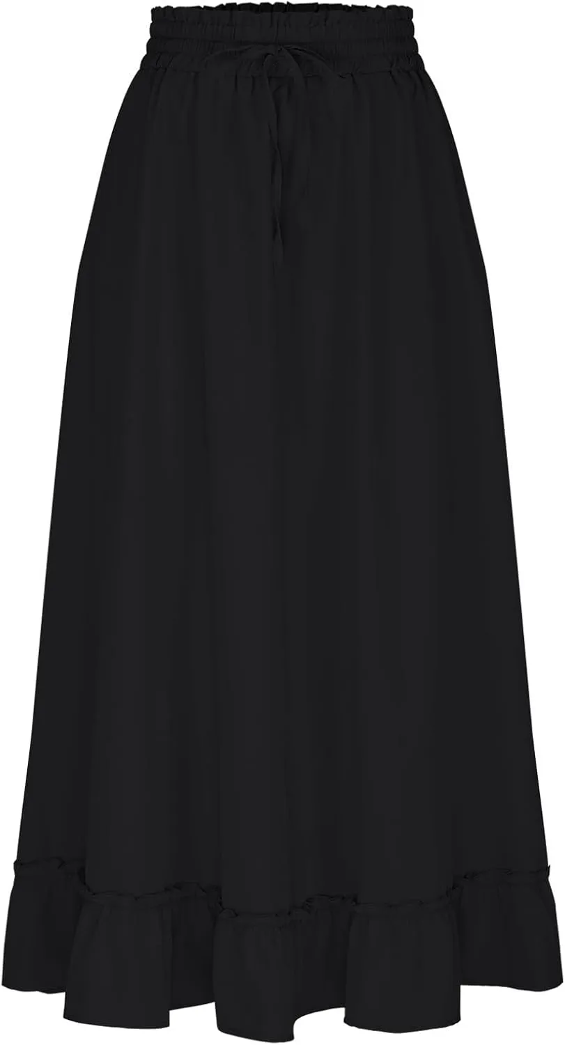 Maxi Skirts for Women Summer Casual Tiered Flowy Pleated Long Skirts Trendy Boho High Waisted Drawstring A Line Skirt