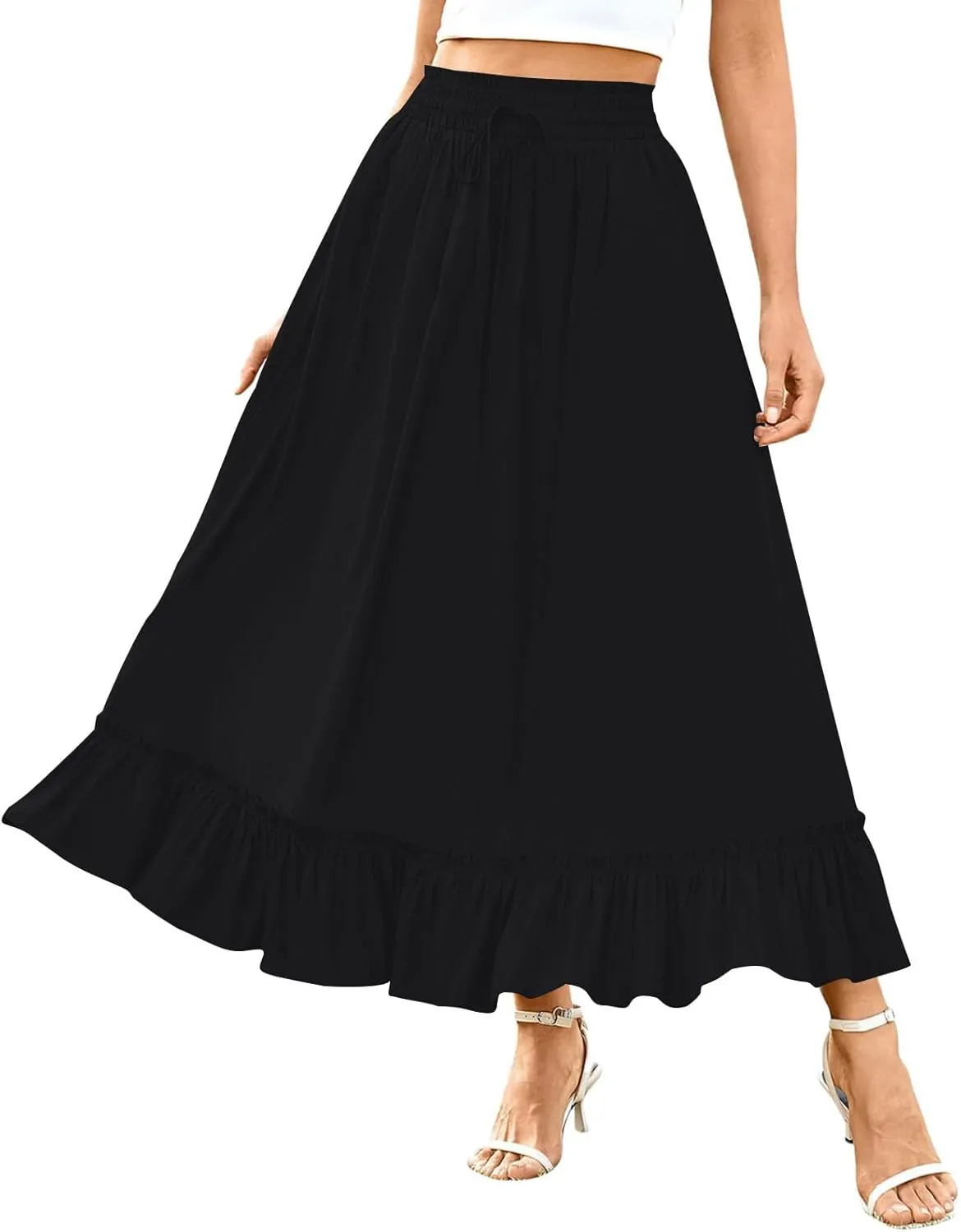 Maxi Skirts for Women Summer Casual Tiered Flowy Pleated Long Skirts Trendy Boho High Waisted Drawstring A Line Skirt