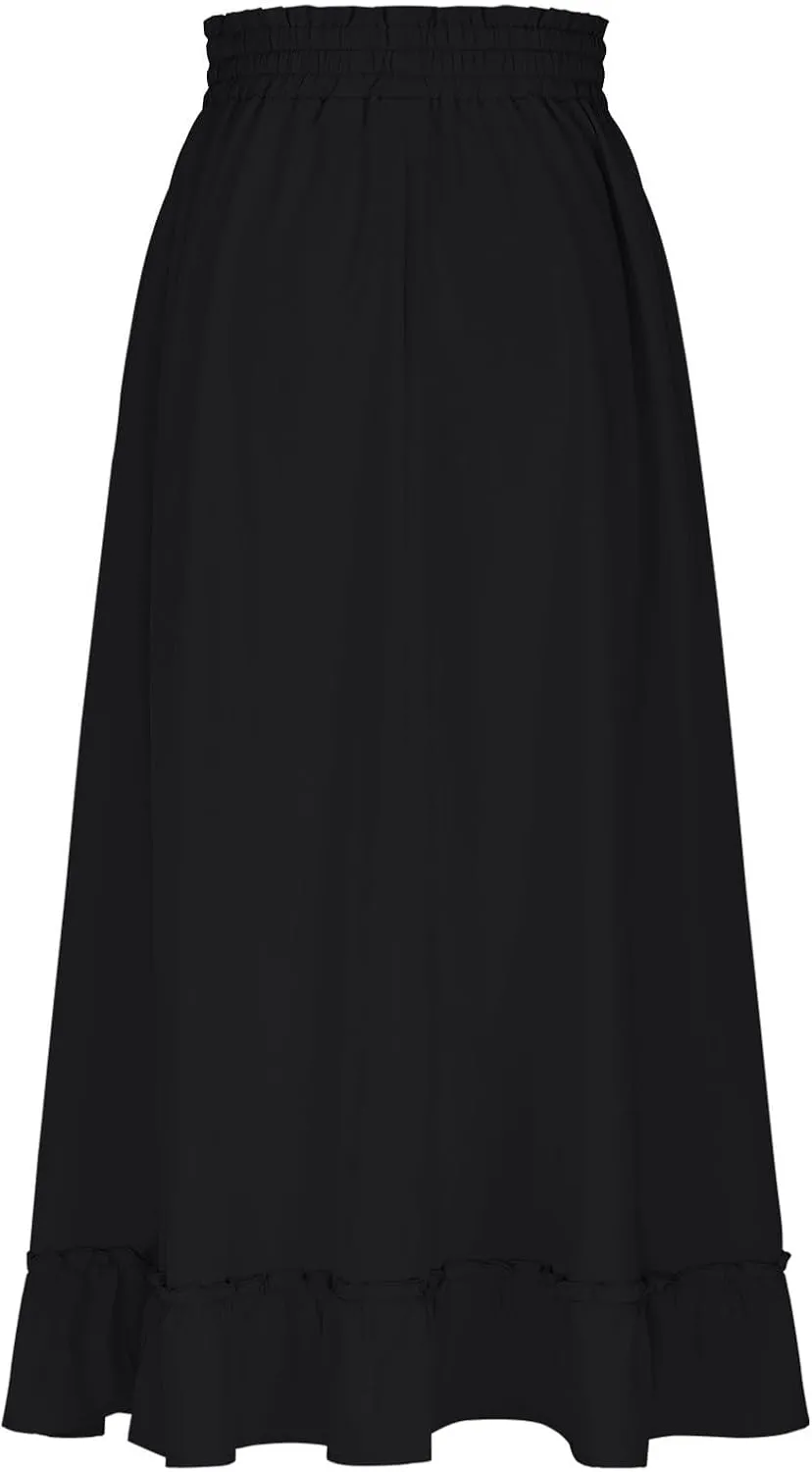 Maxi Skirts for Women Summer Casual Tiered Flowy Pleated Long Skirts Trendy Boho High Waisted Drawstring A Line Skirt