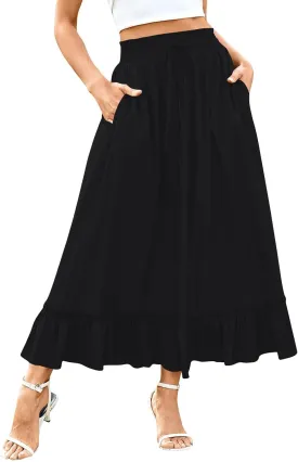 Maxi Skirts for Women Summer Casual Tiered Flowy Pleated Long Skirts Trendy Boho High Waisted Drawstring A Line Skirt