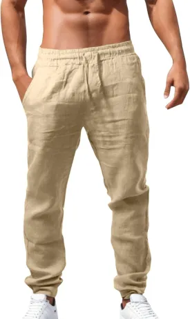 Mens Cotton Linen Sweatpants Elastic Waist Drawstring Straight Leg Casual Pants Summer Loose Lightweight Beach Slacks