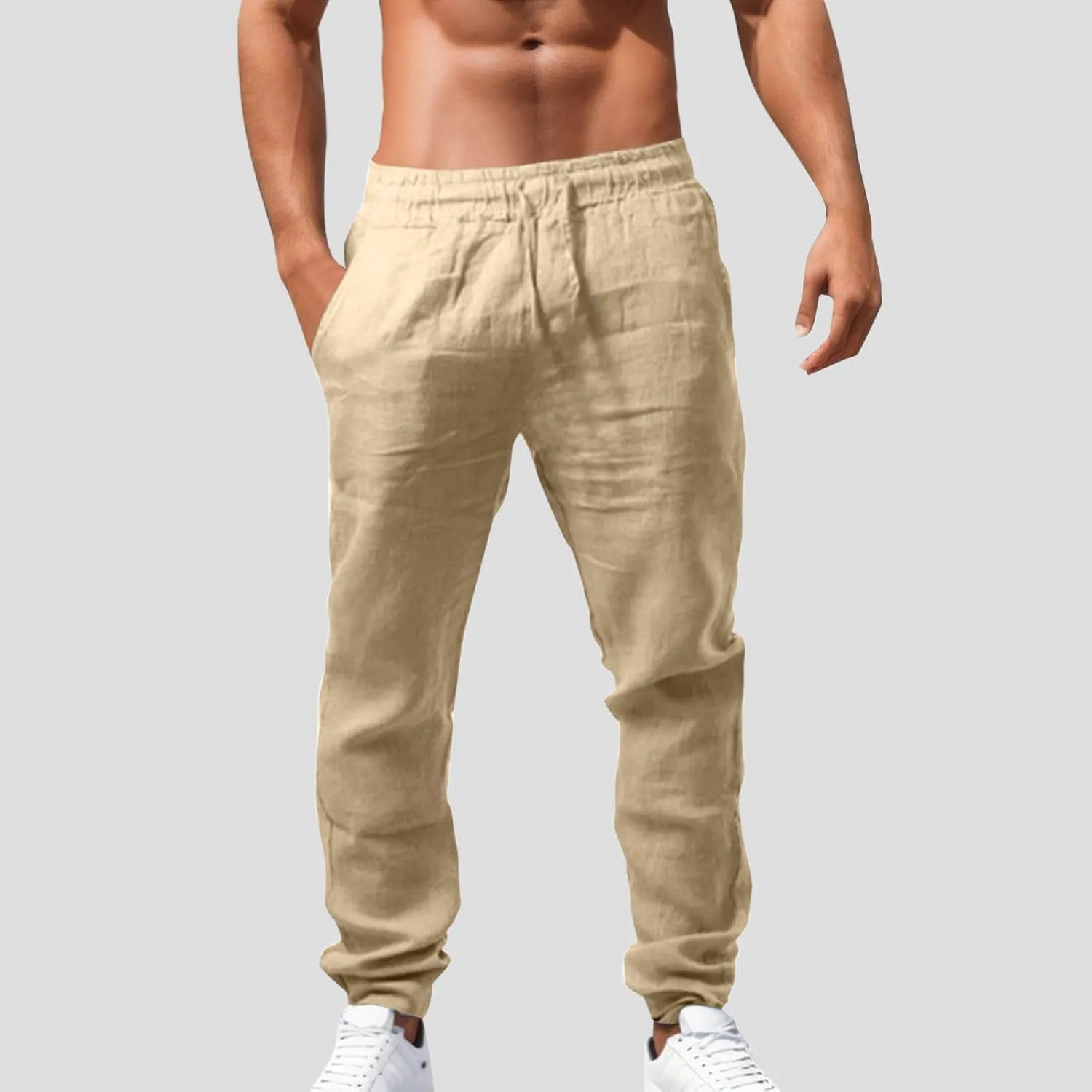 Mens Cotton Linen Sweatpants Elastic Waist Drawstring Straight Leg Casual Pants Summer Loose Lightweight Beach Slacks