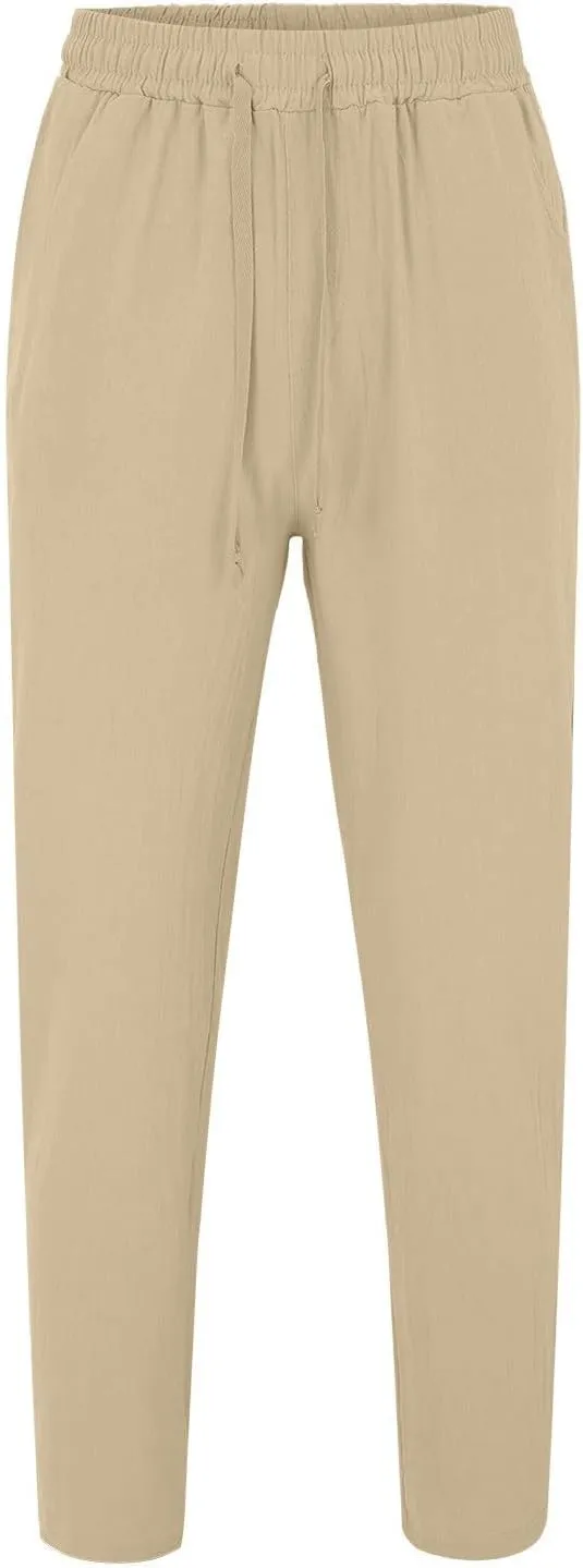 Mens Cotton Linen Sweatpants Elastic Waist Drawstring Straight Leg Casual Pants Summer Loose Lightweight Beach Slacks