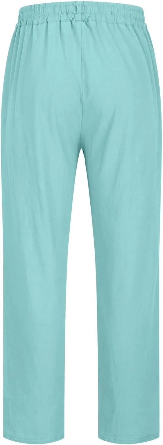 Men's Cotton Linen Trousers Casual Elastic Waist Pants Yoga Pants Straight Leg Sweatpant Drawstring Pants Quick Dry