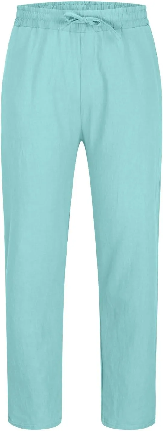 Men's Cotton Linen Trousers Casual Elastic Waist Pants Yoga Pants Straight Leg Sweatpant Drawstring Pants Quick Dry