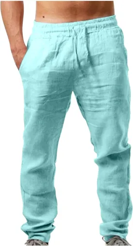 Men's Cotton Linen Trousers Casual Elastic Waist Pants Yoga Pants Straight Leg Sweatpant Drawstring Pants Quick Dry