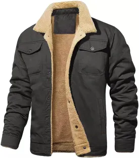 Men's Winter Jacket Casual Sherpa Fleece Lined Cargo Coat Warm Thicken Lapel Collar Trucker Jacket with Multi Pockets