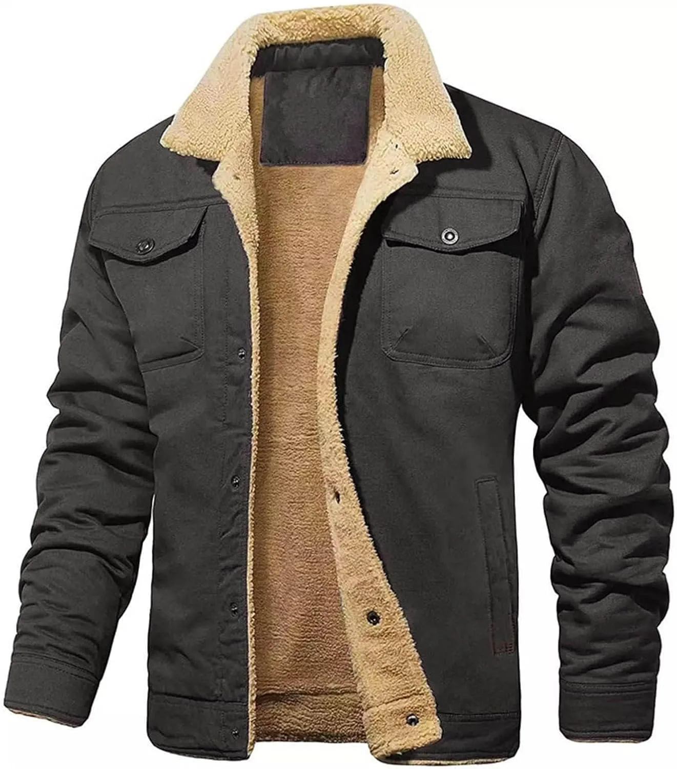 Men's Winter Jacket Casual Sherpa Fleece Lined Cargo Coat Warm Thicken Lapel Collar Trucker Jacket with Multi Pockets