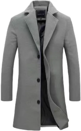 Men's Wool Blend Trench Coat Hip Length Lapel Overcoat Slim Fit Single Breasted Pea Coats Windbreaker Jacket