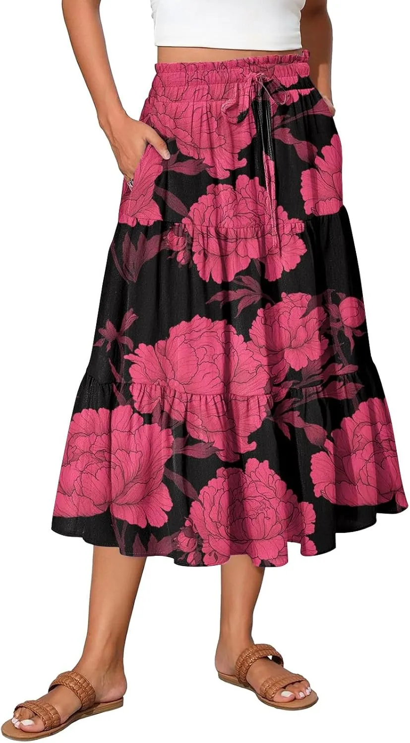 Midi Summer Skirts for Women Drawstring High Waist Knee Length Skirts A Line Floral Print Work Skirt with Pockets