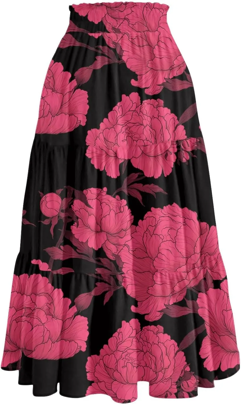 Midi Summer Skirts for Women Drawstring High Waist Knee Length Skirts A Line Floral Print Work Skirt with Pockets