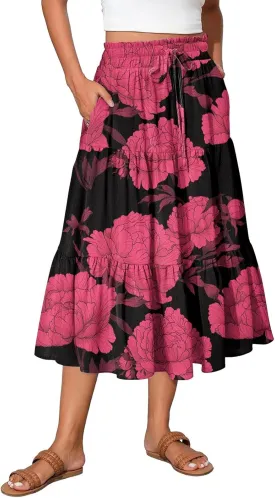 Midi Summer Skirts for Women Drawstring High Waist Knee Length Skirts A Line Floral Print Work Skirt with Pockets