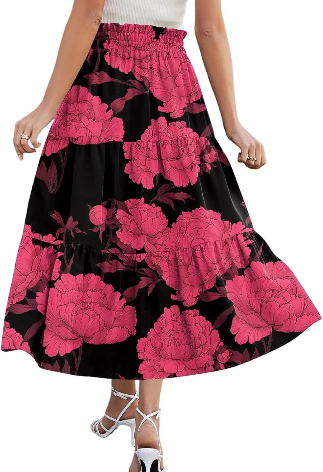 Midi Summer Skirts for Women Drawstring High Waist Knee Length Skirts A Line Floral Print Work Skirt with Pockets