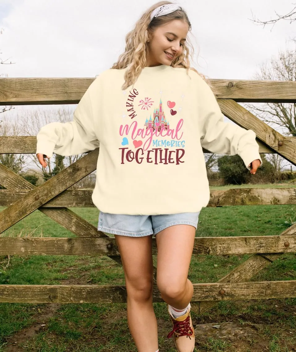 MYHALF Oversized Magic Kingdom Sweatshirts Women: Magical Castle Graphic Shirts Funny Letter Print Long Sleeve Crewneck Tops