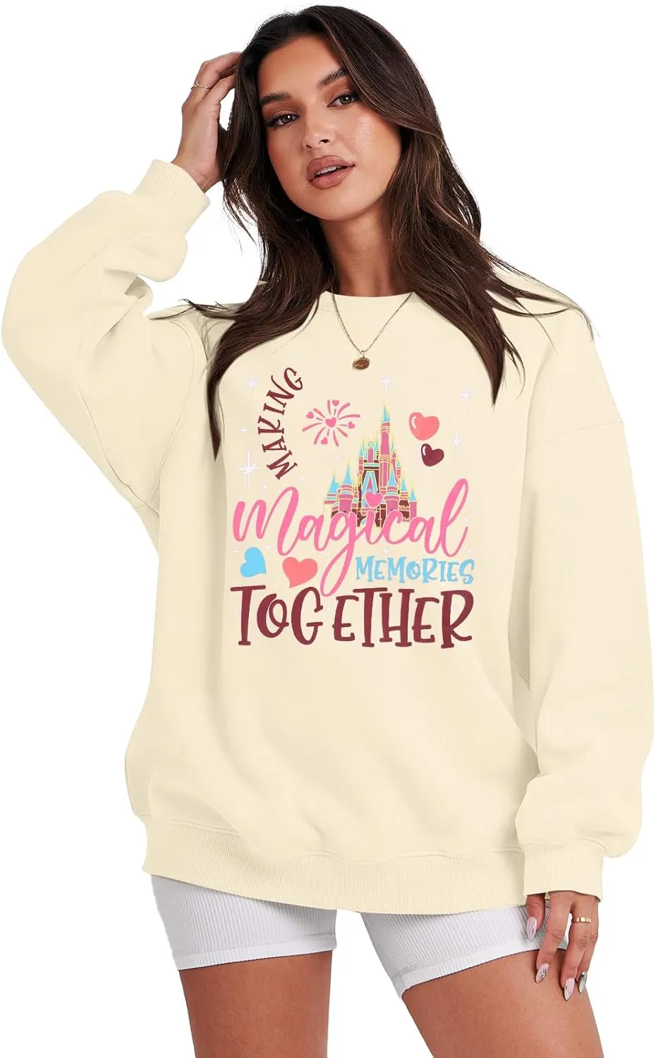 MYHALF Oversized Magic Kingdom Sweatshirts Women: Magical Castle Graphic Shirts Funny Letter Print Long Sleeve Crewneck Tops