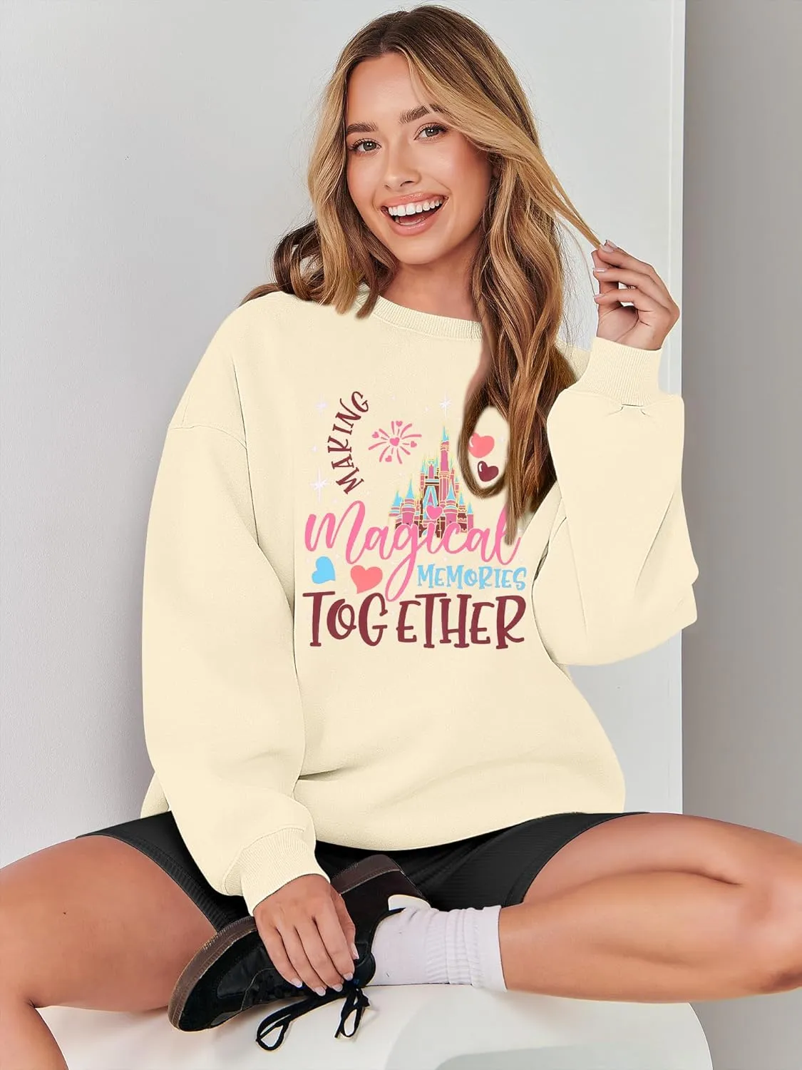 MYHALF Oversized Magic Kingdom Sweatshirts Women: Magical Castle Graphic Shirts Funny Letter Print Long Sleeve Crewneck Tops
