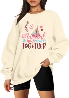 MYHALF Oversized Magic Kingdom Sweatshirts Women: Magical Castle Graphic Shirts Funny Letter Print Long Sleeve Crewneck Tops