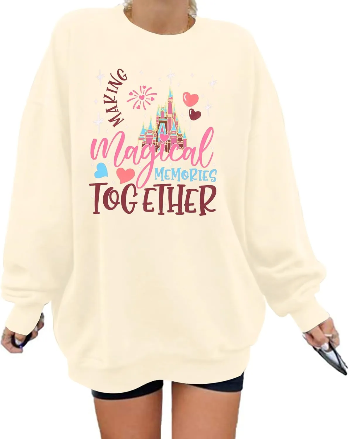 MYHALF Oversized Magic Kingdom Sweatshirts Women: Magical Castle Graphic Shirts Funny Letter Print Long Sleeve Crewneck Tops