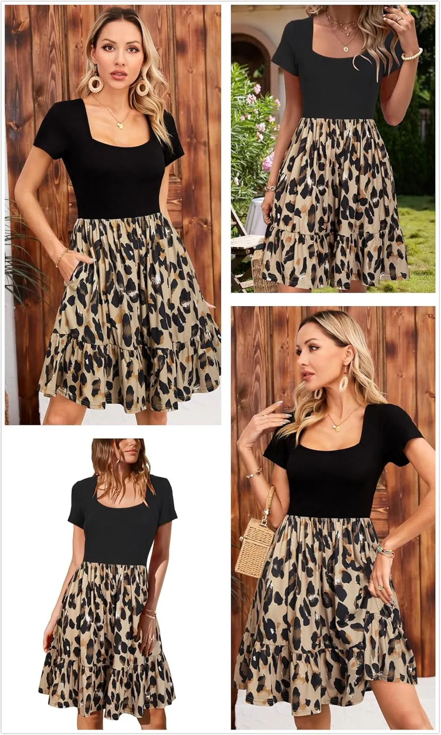 Newshows Women 2025 Summer Dress Square Neck Formal Short Sleeve Business Casual Outfits Ruffle Spring Pockets Sundress