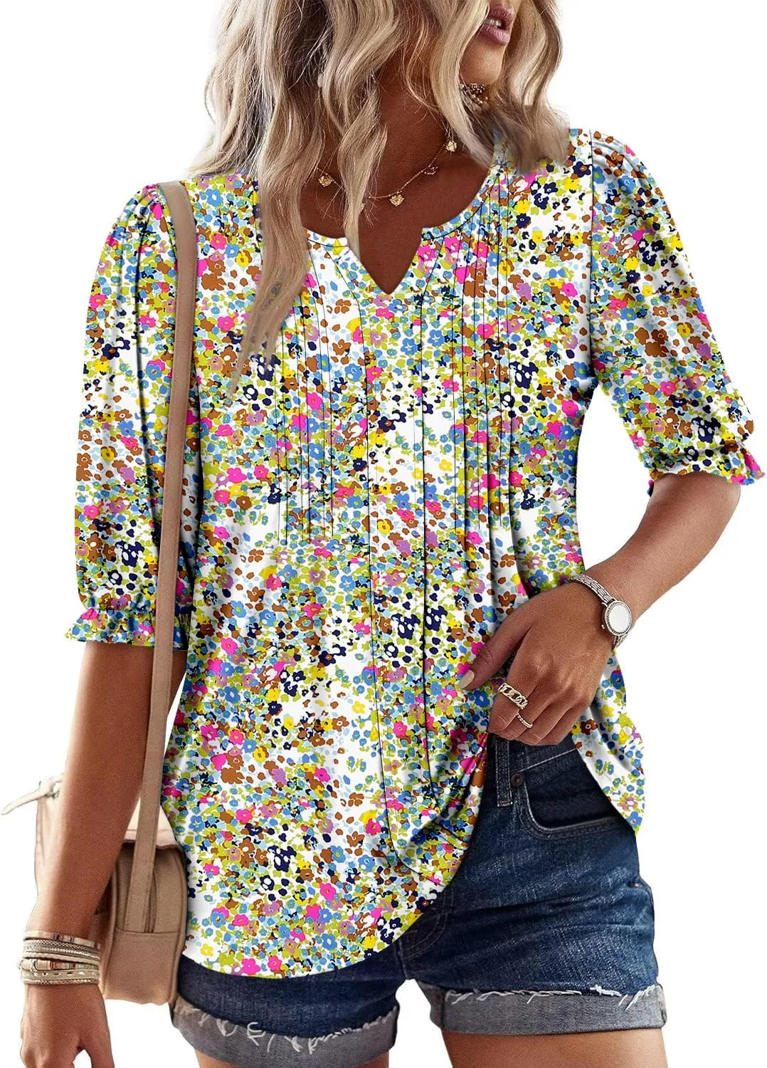 ONLYSHE Women's 3/4 Length Shirts Summer Floral Tunic Tops V Neck Shirts Loose Fit Henly Blouse for Leggings