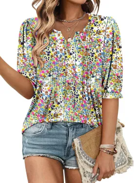 ONLYSHE Women's 3/4 Length Shirts Summer Floral Tunic Tops V Neck Shirts Loose Fit Henly Blouse for Leggings