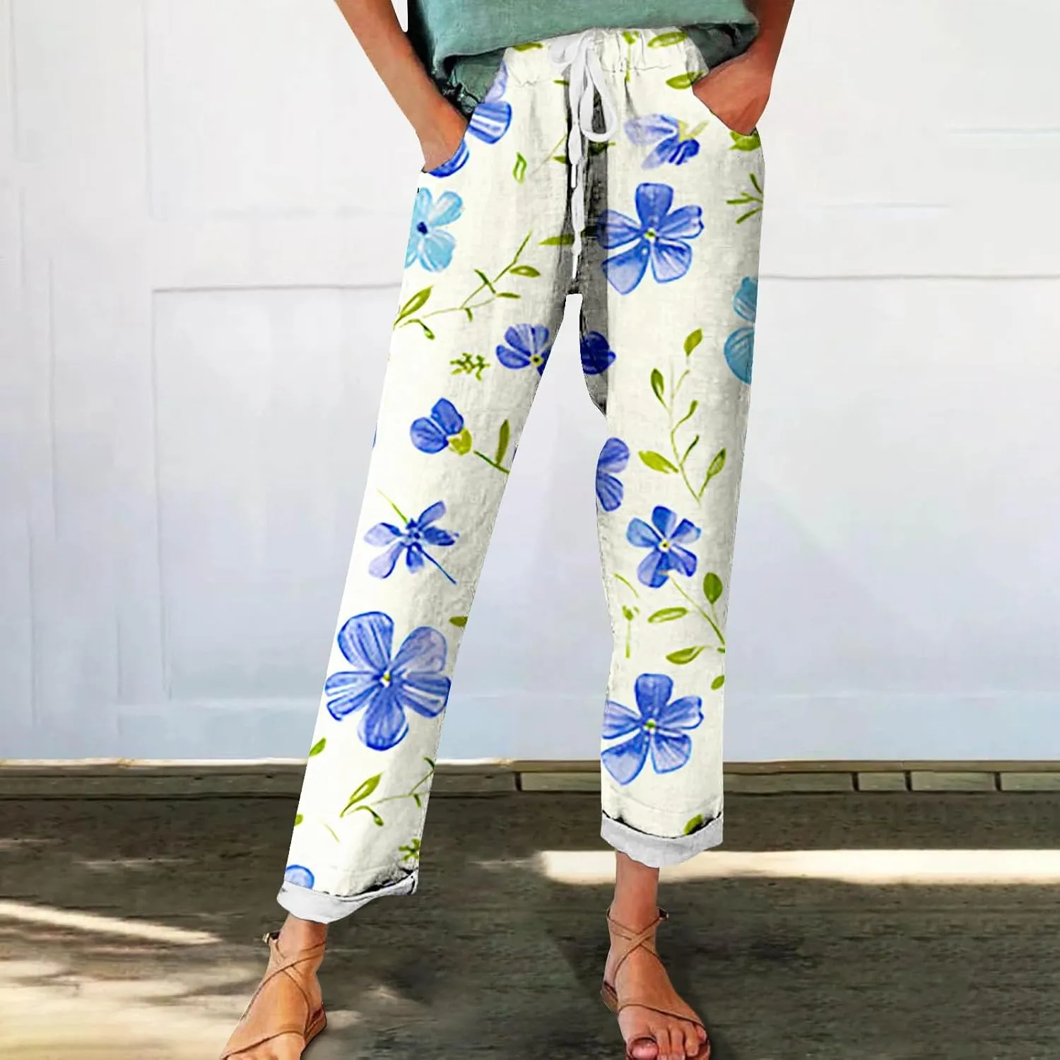 Outfits for Women Summer Wide Leg Pants Drawstring Elastic Waist Pants High Waisted Pants Casual Beach Trousers
