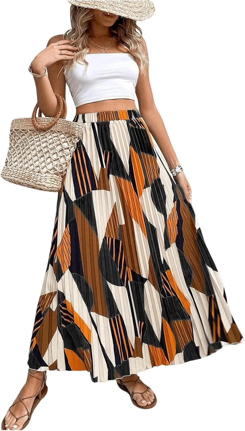 OYOANGLE Women's Boho Geo Print Elastic High Waist Flowy Pleated Maxi Skirt Vacation Skirts