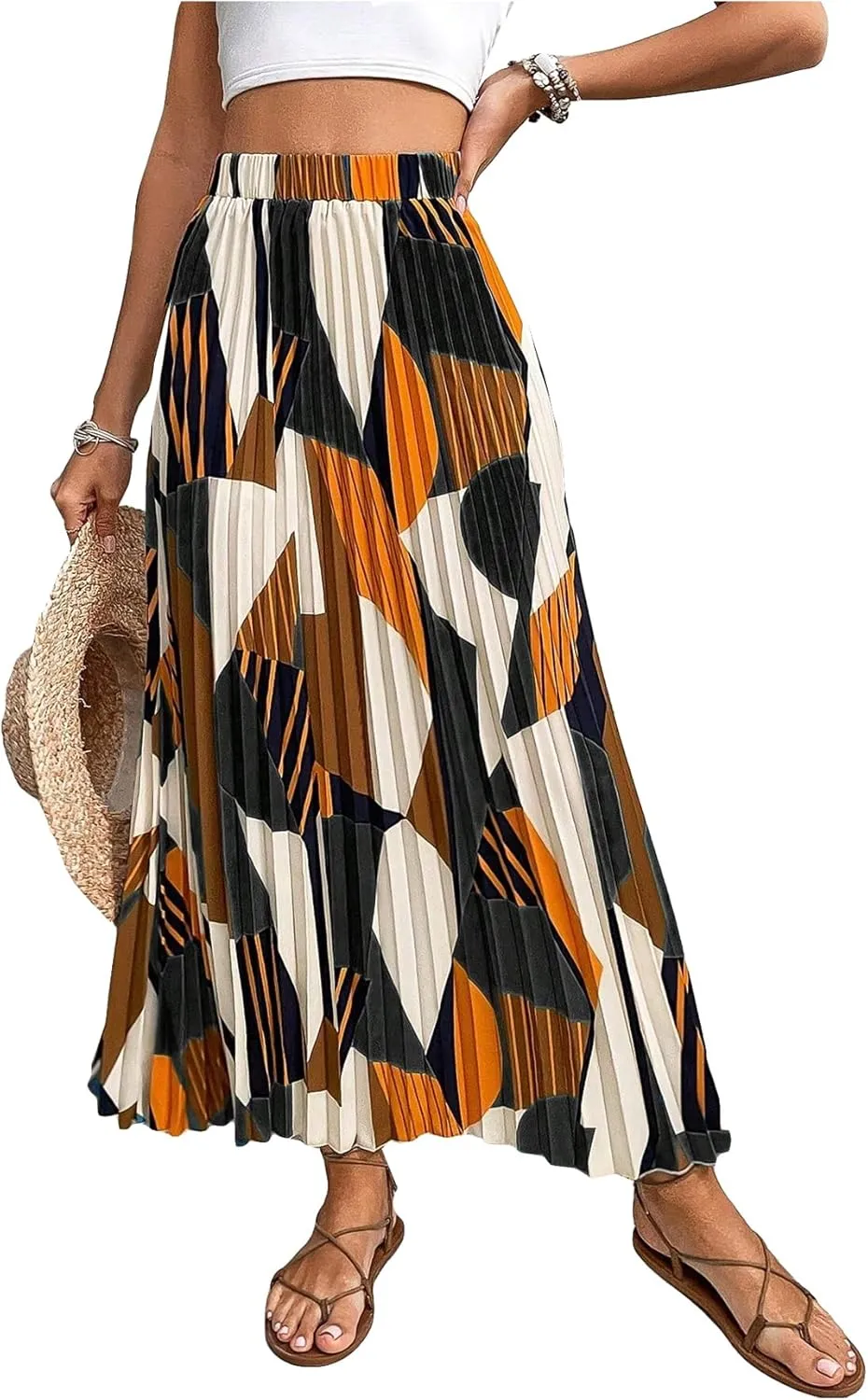 OYOANGLE Women's Boho Geo Print Elastic High Waist Flowy Pleated Maxi Skirt Vacation Skirts