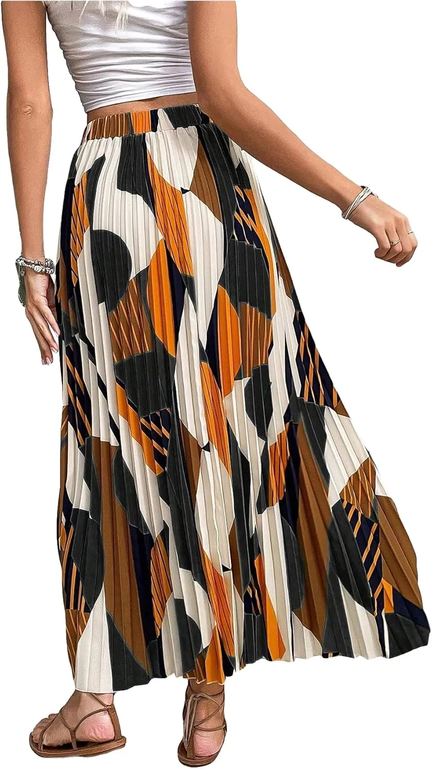 OYOANGLE Women's Boho Geo Print Elastic High Waist Flowy Pleated Maxi Skirt Vacation Skirts