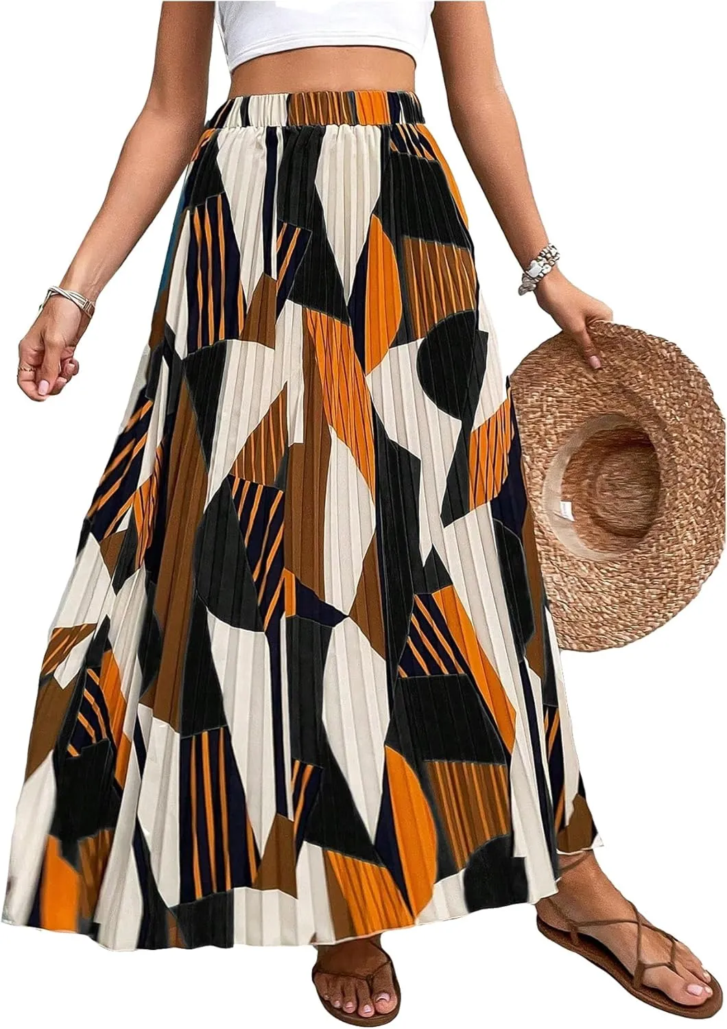 OYOANGLE Women's Boho Geo Print Elastic High Waist Flowy Pleated Maxi Skirt Vacation Skirts