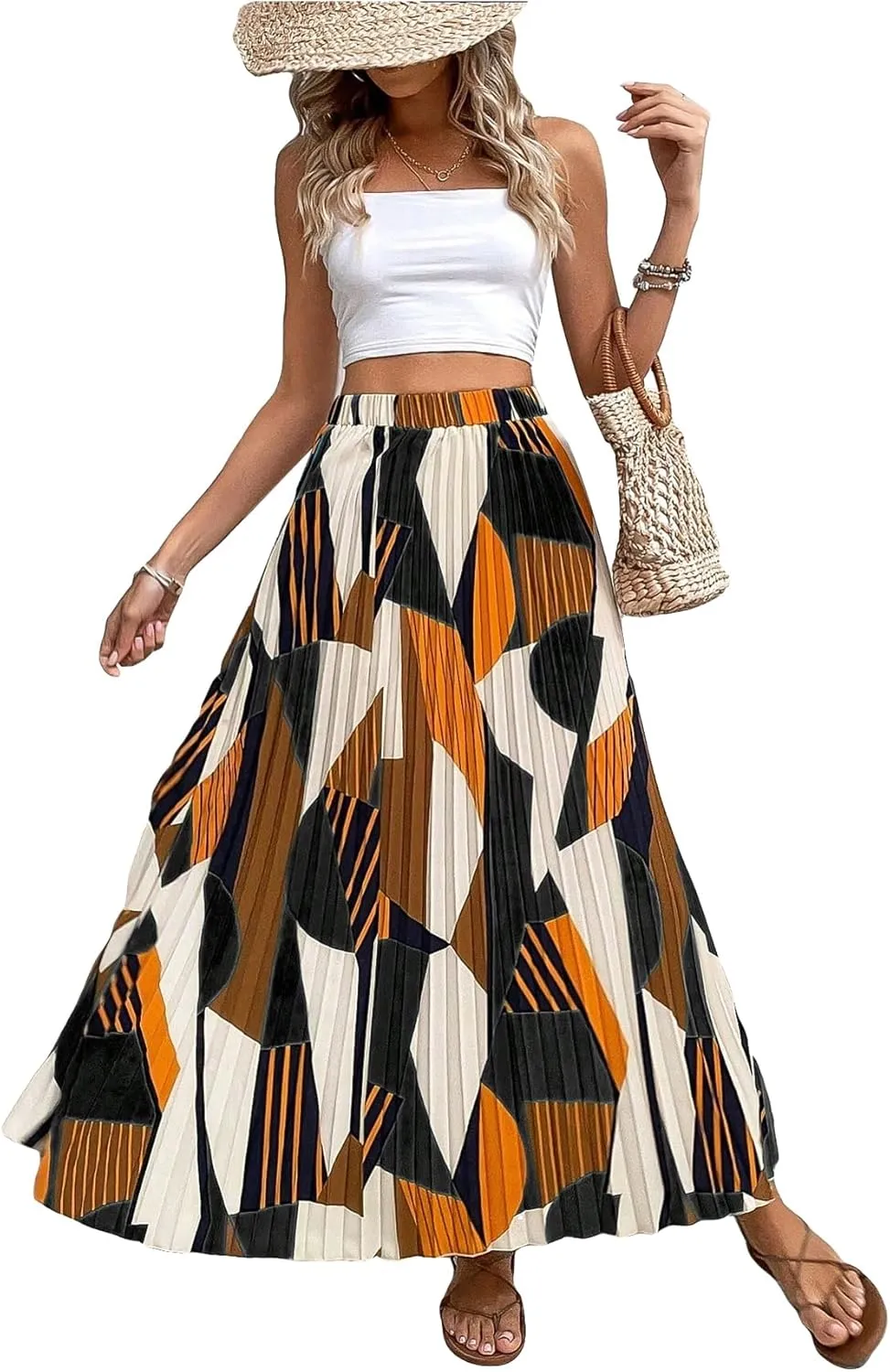 OYOANGLE Women's Boho Geo Print Elastic High Waist Flowy Pleated Maxi Skirt Vacation Skirts