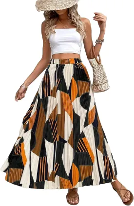OYOANGLE Women's Boho Geo Print Elastic High Waist Flowy Pleated Maxi Skirt Vacation Skirts