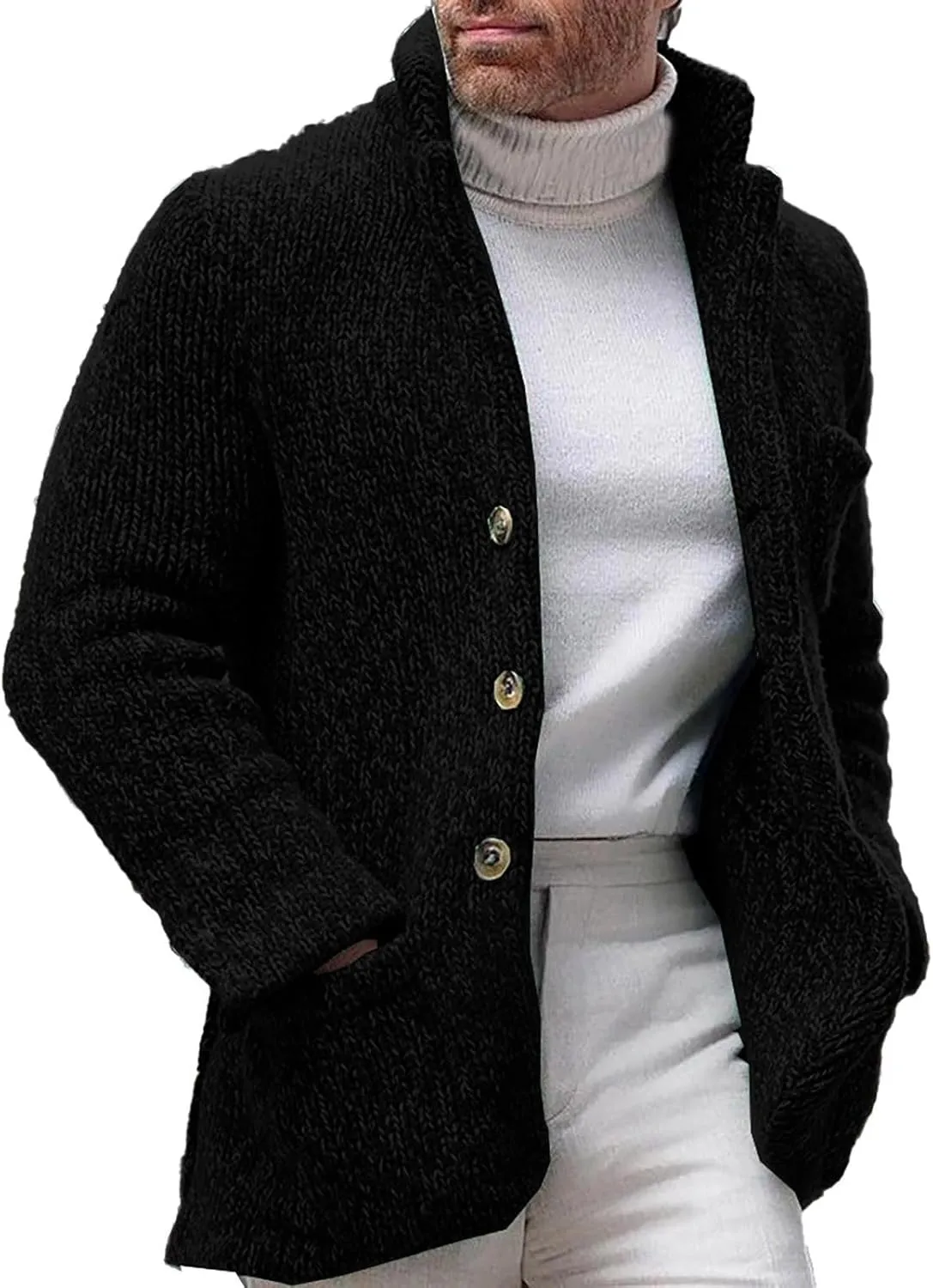 PeQAQ Mens Cardigan Sweater Cable Knit V Neck Button up Sweaters Winter Soft Warm Ribbed Cardigan Sweater Jacket with Pockets