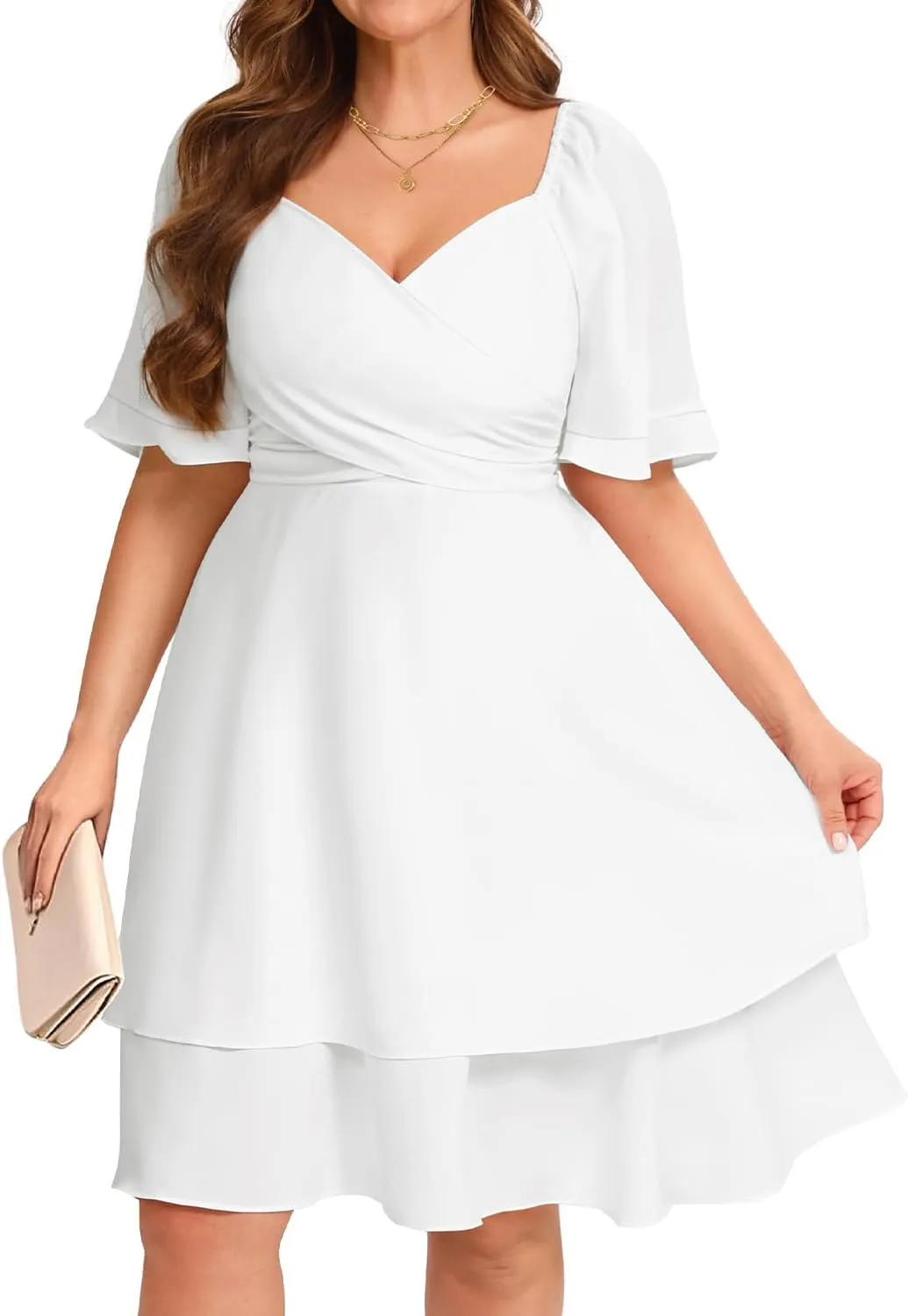 Pinup Fashion Women Graduation Dress Plus Size - Wedding Guest Summer Wrap V Neck Ruffle Knee Length Dresses