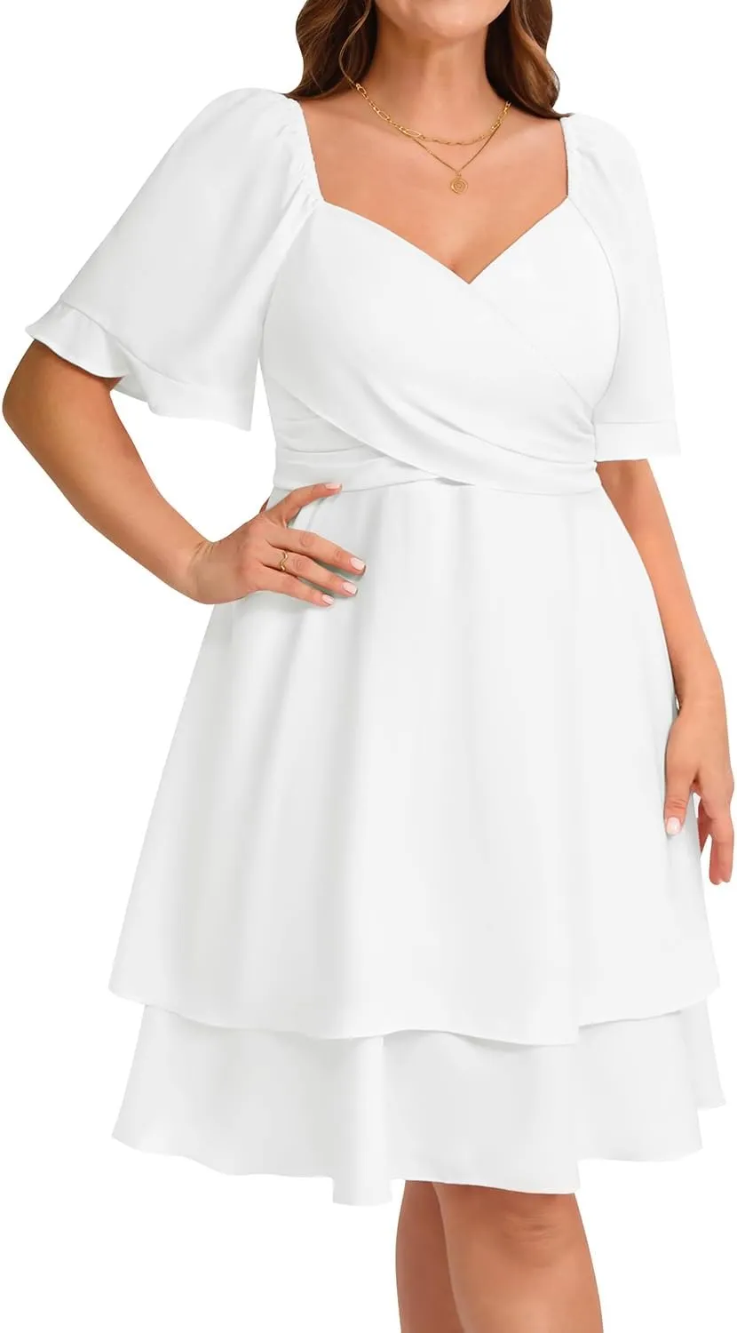Pinup Fashion Women Graduation Dress Plus Size - Wedding Guest Summer Wrap V Neck Ruffle Knee Length Dresses