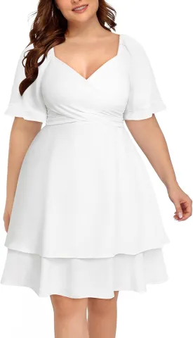 Pinup Fashion Women Graduation Dress Plus Size - Wedding Guest Summer Wrap V Neck Ruffle Knee Length Dresses