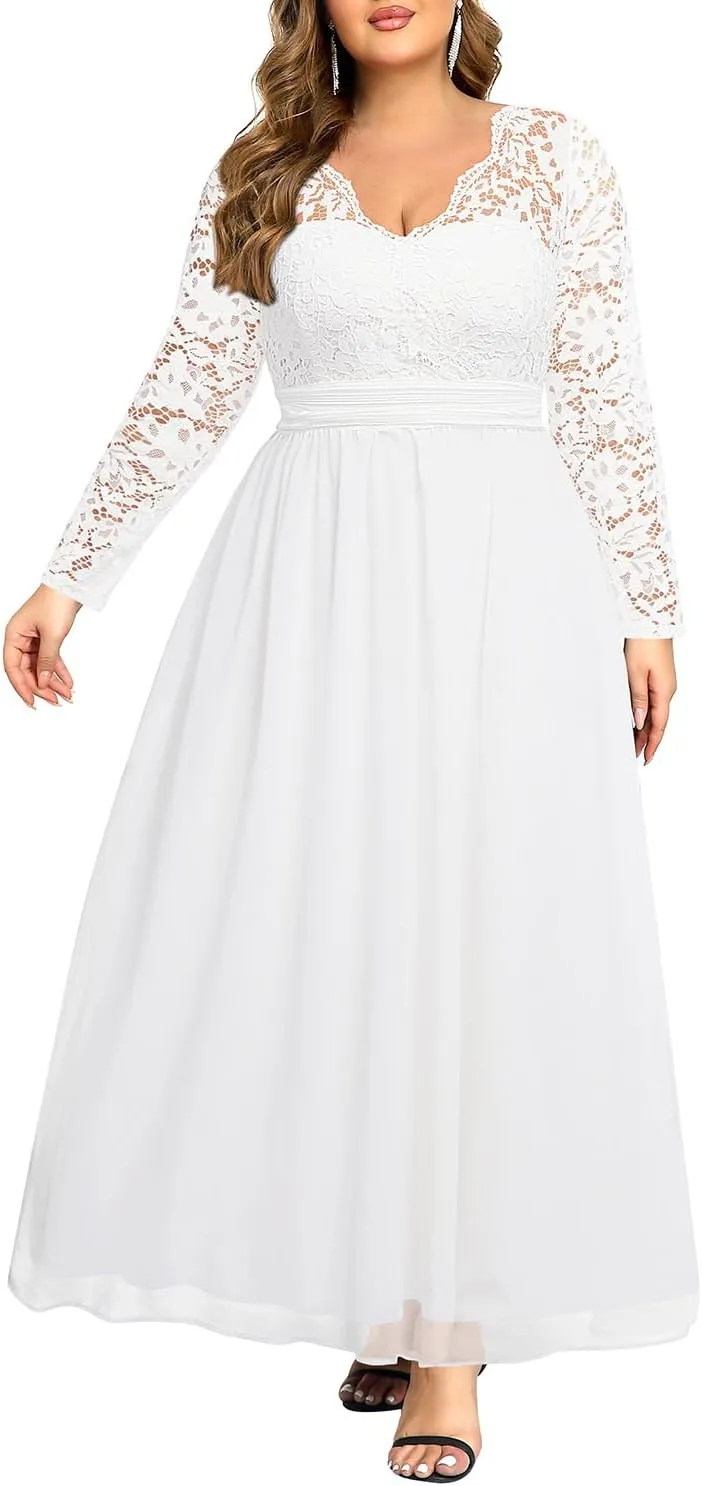 Plus Size Formal Wedding Dresses - Gowns Evening Prom Elegant V Neck Long Sleeve Lace Chiffon Long Maxi Dress
