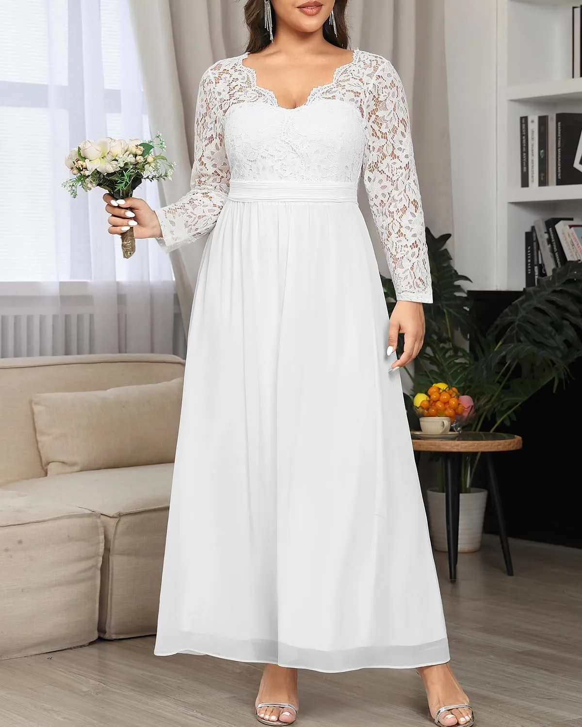 Plus Size Formal Wedding Dresses - Gowns Evening Prom Elegant V Neck Long Sleeve Lace Chiffon Long Maxi Dress