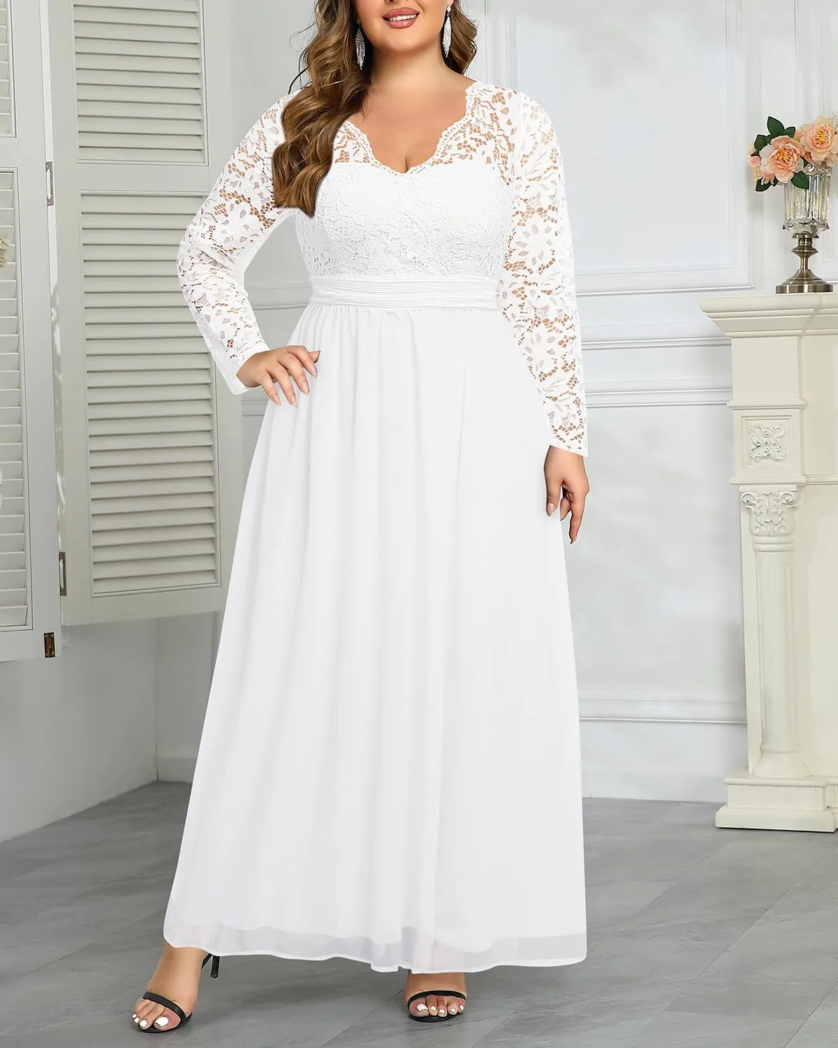 Plus Size Formal Wedding Dresses - Gowns Evening Prom Elegant V Neck Long Sleeve Lace Chiffon Long Maxi Dress