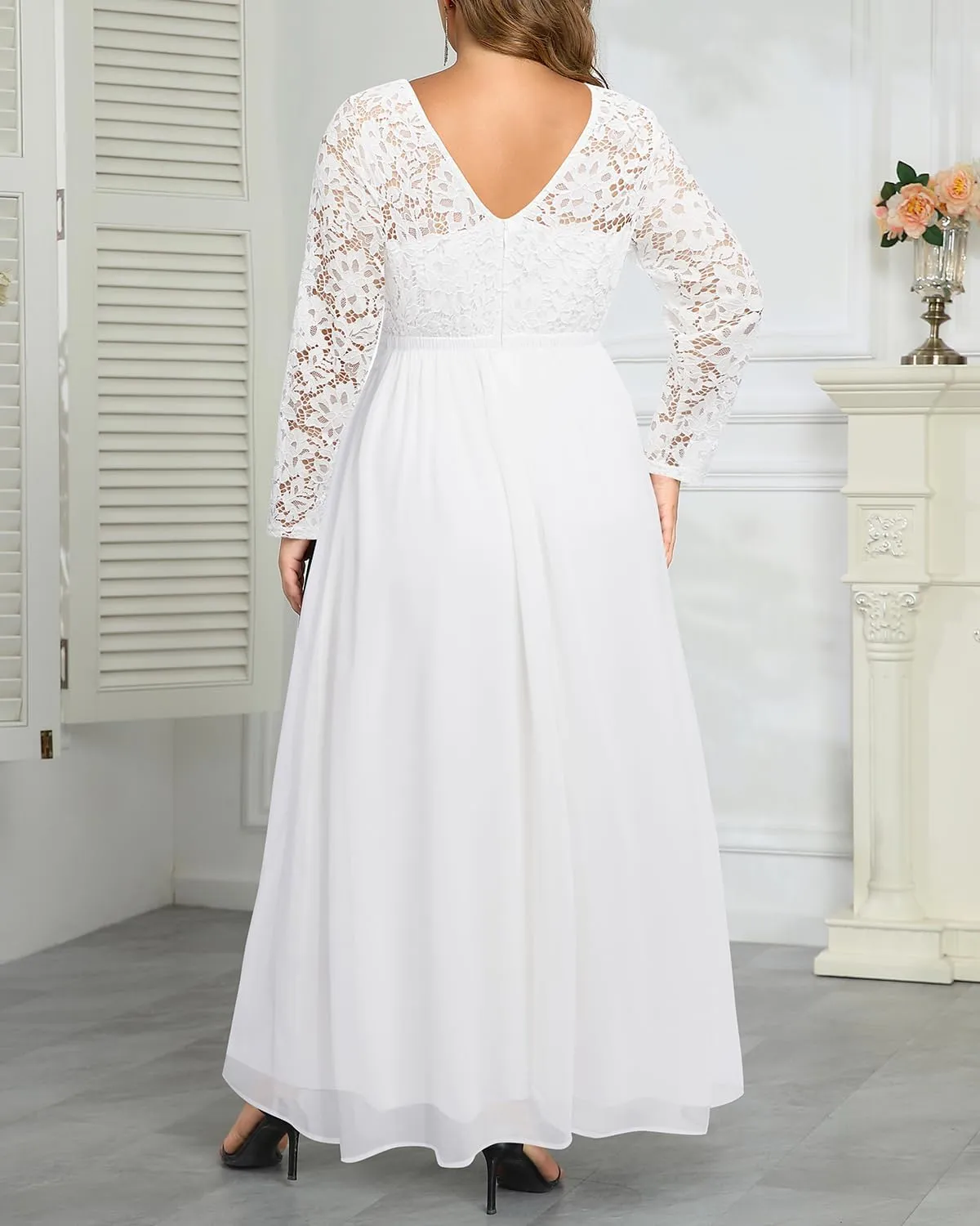 Plus Size Formal Wedding Dresses - Gowns Evening Prom Elegant V Neck Long Sleeve Lace Chiffon Long Maxi Dress