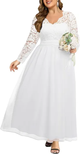 Plus Size Formal Wedding Dresses - Gowns Evening Prom Elegant V Neck Long Sleeve Lace Chiffon Long Maxi Dress