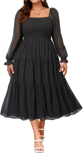 Plus Size Summer Dress - Bridal Shower Graduation Wedding Guest Gold Dots Smocked Midi Dresses