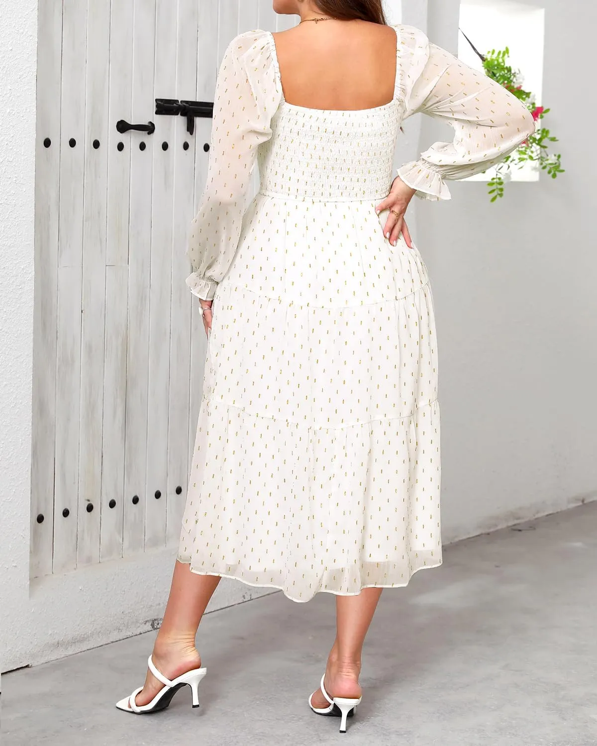 Plus Size Summer Dress - Bridal Shower Graduation Wedding Guest Gold Dots Smocked Midi Dresses