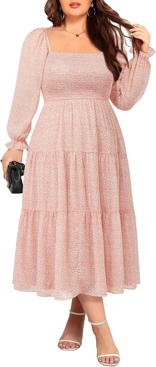 Plus Size Summer Dress - Bridal Shower Graduation Wedding Guest Gold Dots Smocked Midi Dresses