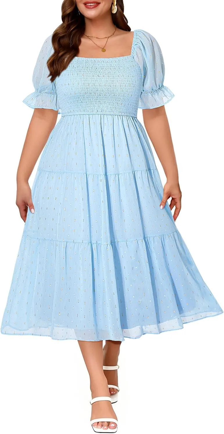 Plus Size Summer Dress - Bridal Shower Graduation Wedding Guest Gold Dots Smocked Midi Dresses