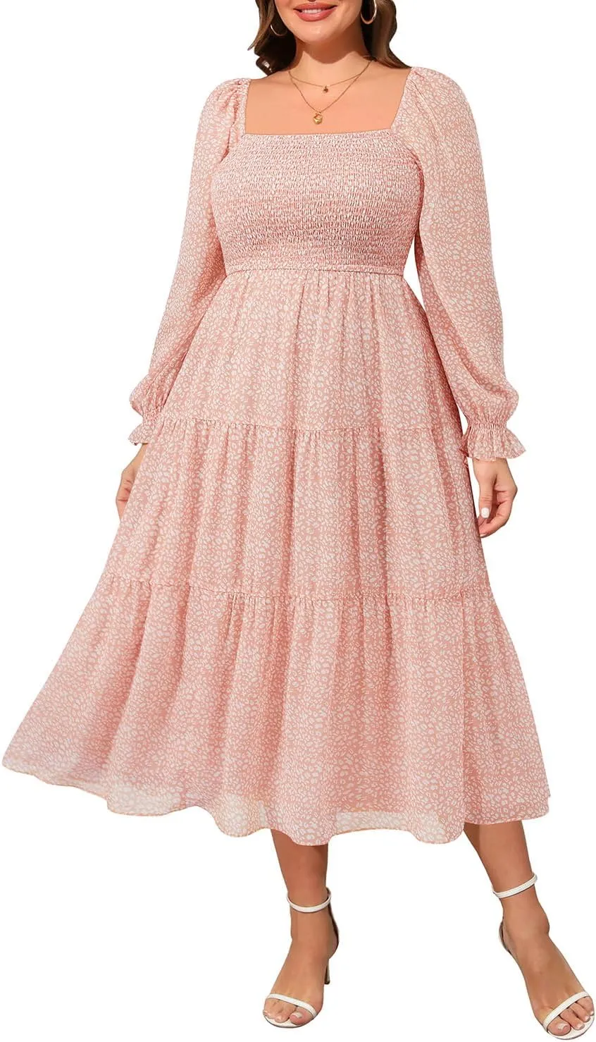 Plus Size Summer Dress - Bridal Shower Graduation Wedding Guest Gold Dots Smocked Midi Dresses