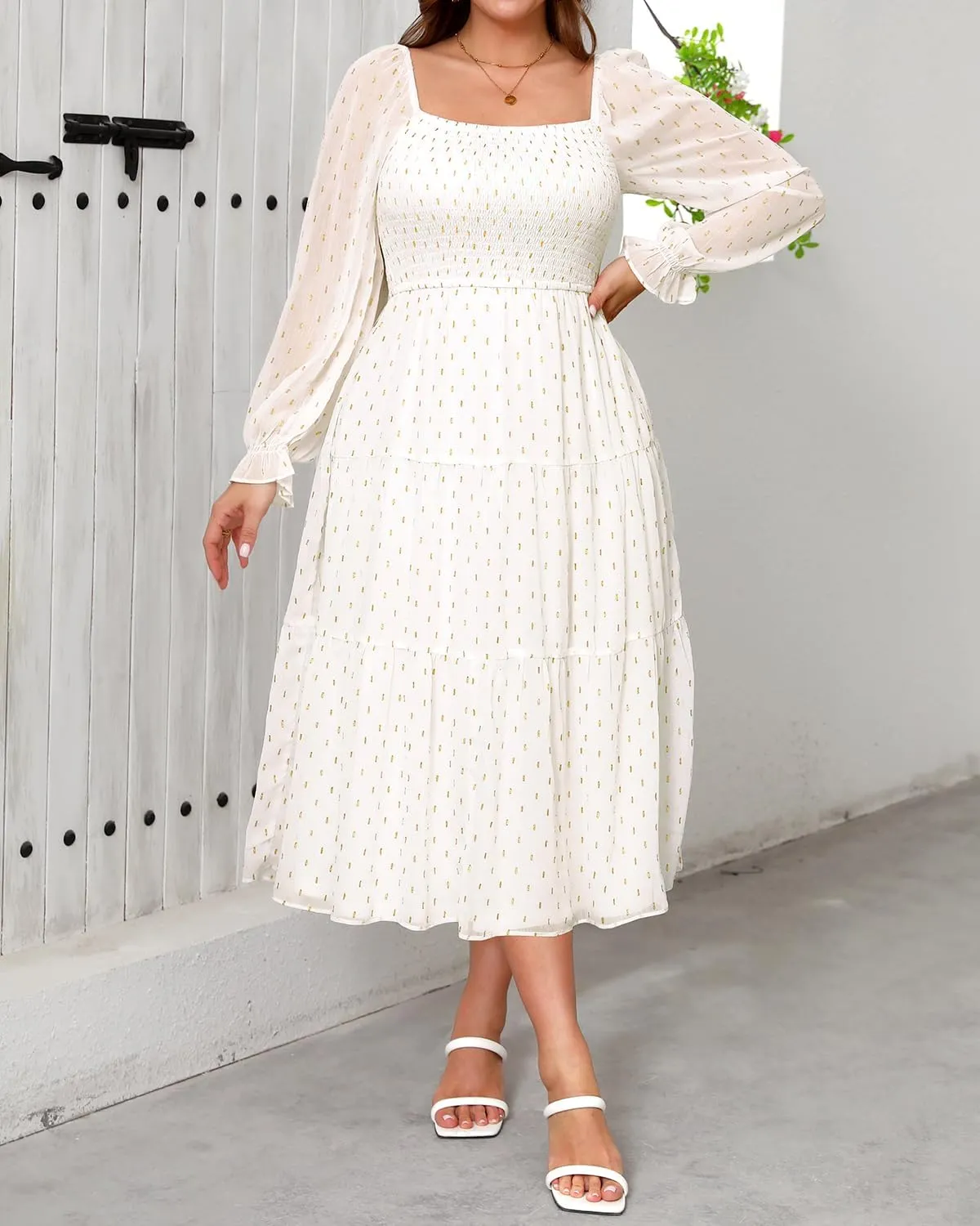 Plus Size Summer Dress - Bridal Shower Graduation Wedding Guest Gold Dots Smocked Midi Dresses