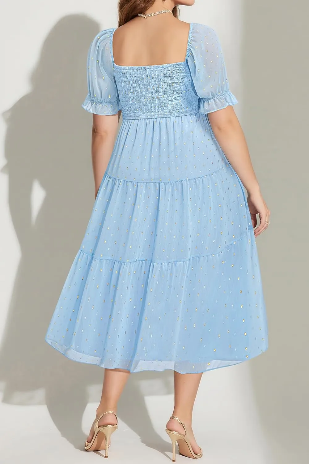 Plus Size Summer Dress - Bridal Shower Graduation Wedding Guest Gold Dots Smocked Midi Dresses